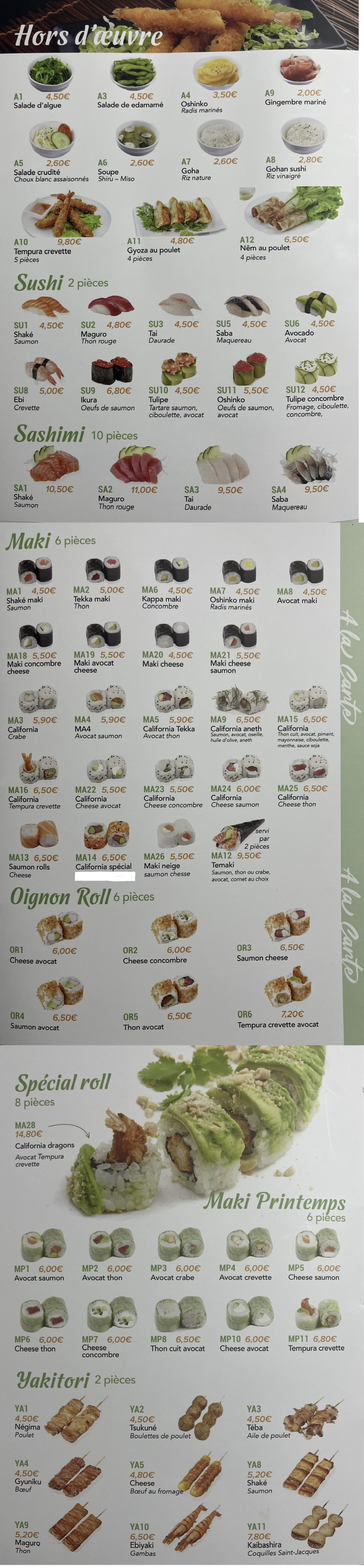 Menu à la carte – Sushi Fukunoya